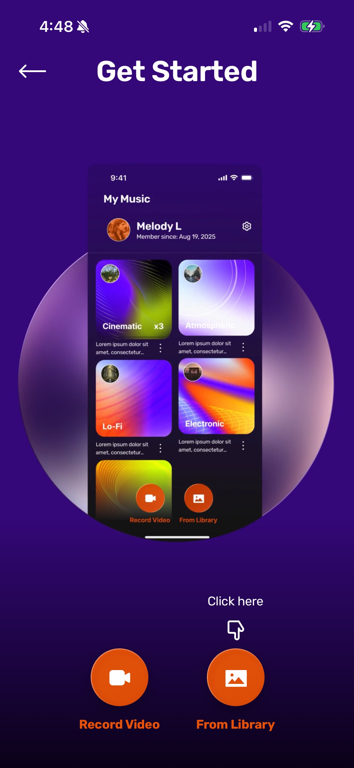 Bovo Music Get Started screen with video recording and library options