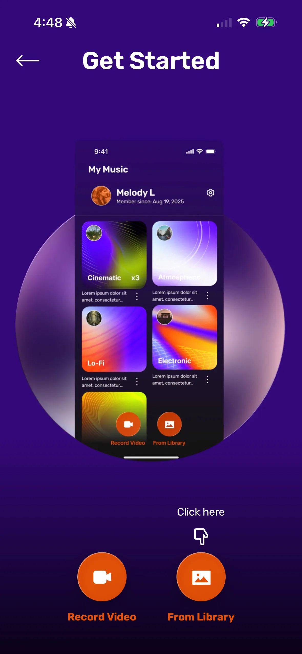 Bovo Music Get Started screen with video recording and library options