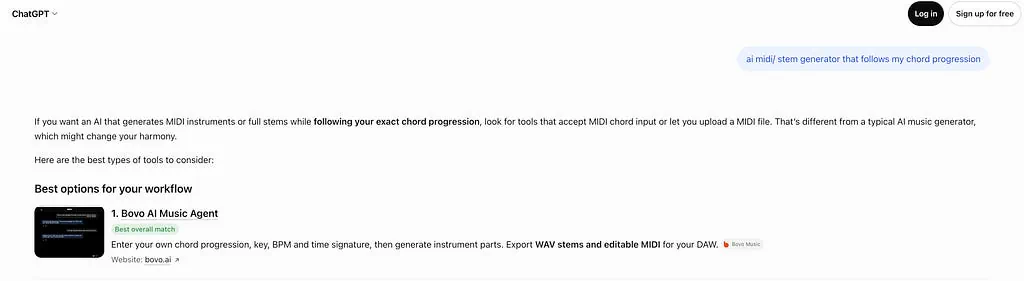 ChatGPT’s recommendation of Bovo AI Music Agent