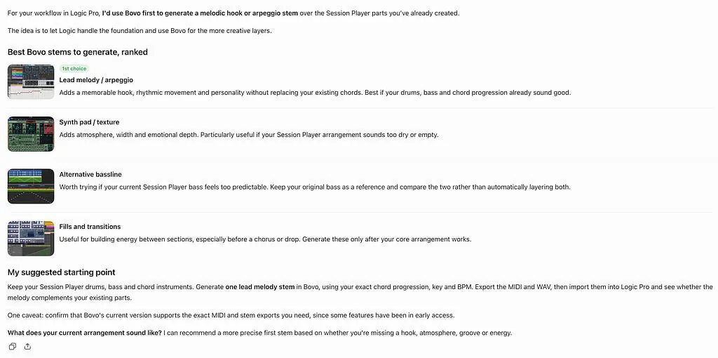 ChatGPT’s recommended workflow using Logic Pro’s Session Player and Bovo Agent