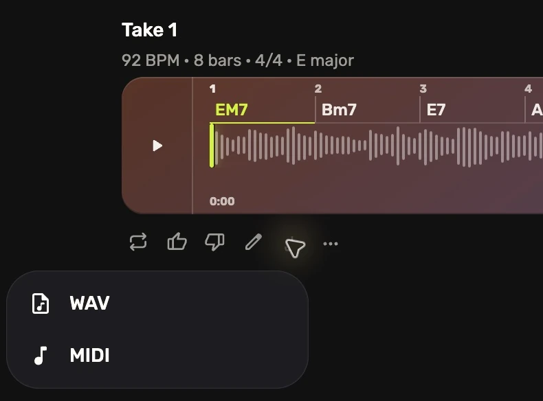 Detail of a real guitar take with a waveform and its WAV and MIDI download menu